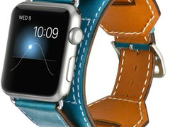Curea iUni compatibila cu Apple Watch 1/2/3/4/5/6/7, 38mm, Cuff, Piele, Albastru